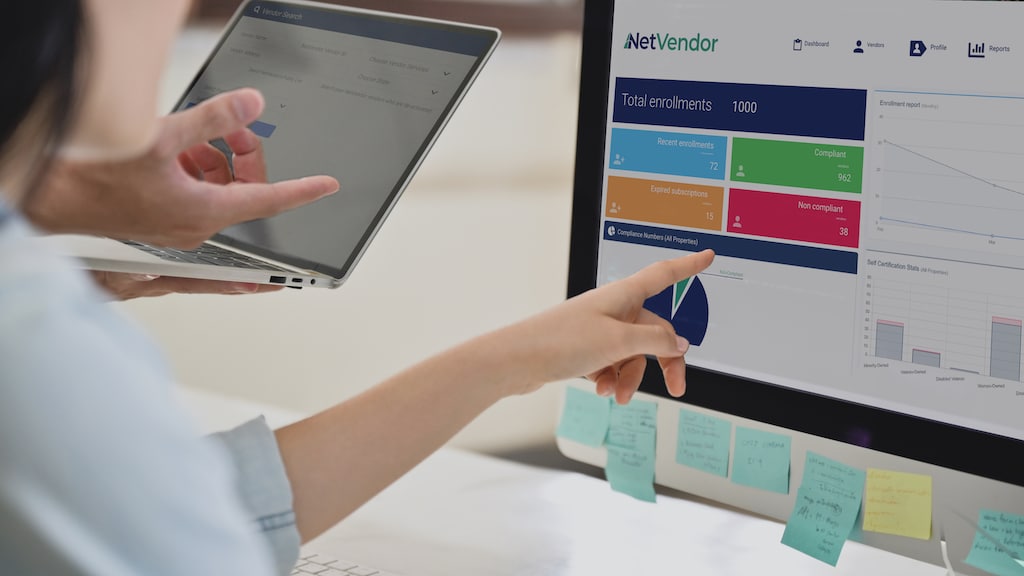 Property managers using a property maintenance software program. 