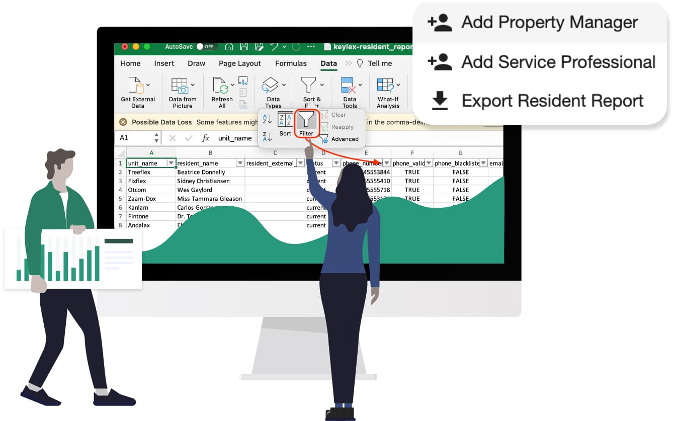 Two property managers using an export of data from a property management maintenance software program