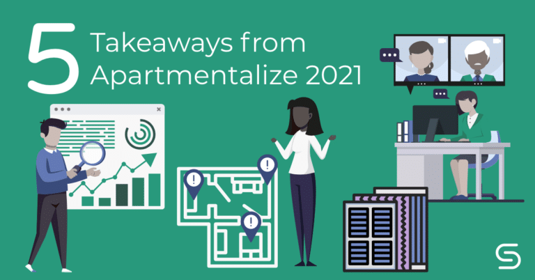 Text reading "5 takeaways from Apartmentalize 2021" alongside images of property managers using different technologies.