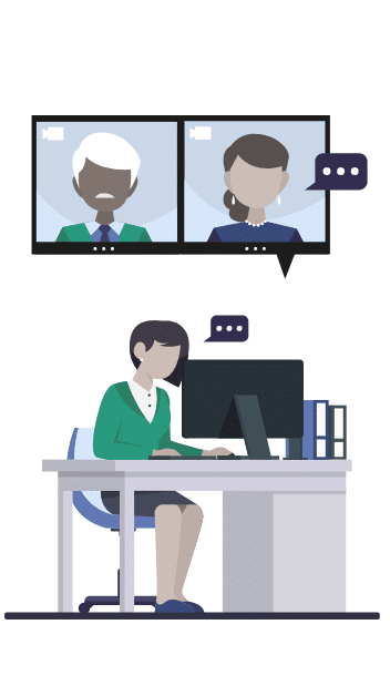 Cartoon of property manager helping residents by video conference