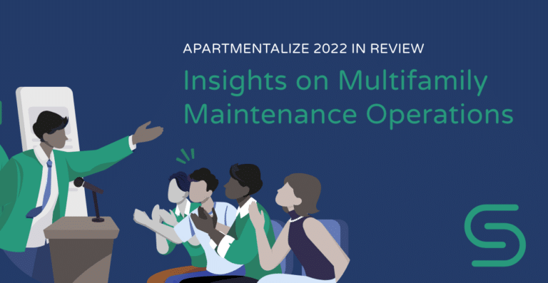 Text reading "Apartmentalize 2022 in review: Insights on Multifamily Maintenance Operations" and cartoon image of people attending the NAA conference