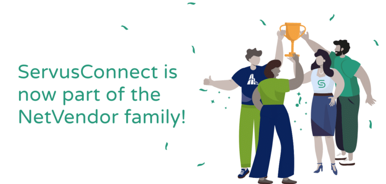 Text reading "ServusConnect is now part of the NetVendor family!" and a cartoon of people celebrating