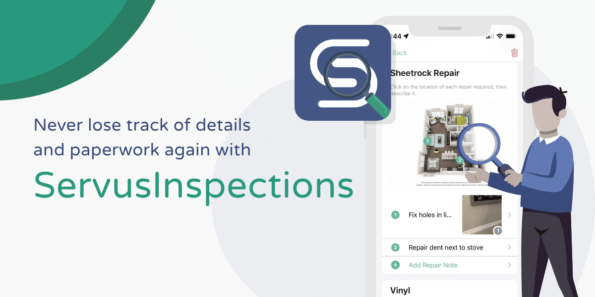 Cartoon of property manager using ServusConnect app for inspections
