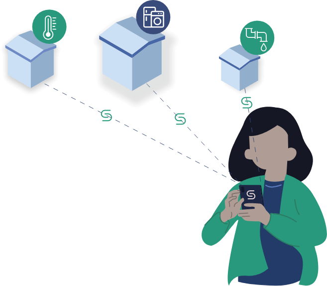 Cartoon of woman using apartment maintenance app to track service requests/work orders