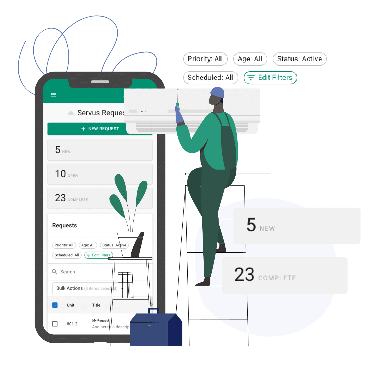 Cartoon of apartment maintenance tech using digital maintenance app to manage service requests/work orders