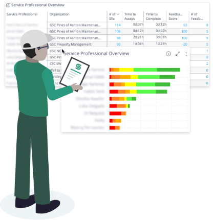 Cartoon of property maintenance manager looking at analytics, reporting, and data