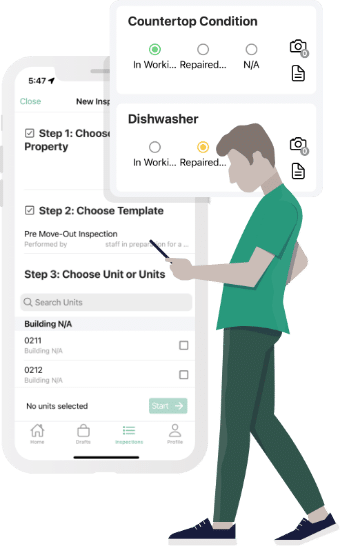 Cartoon of property manager using digital inspections app for maintenance