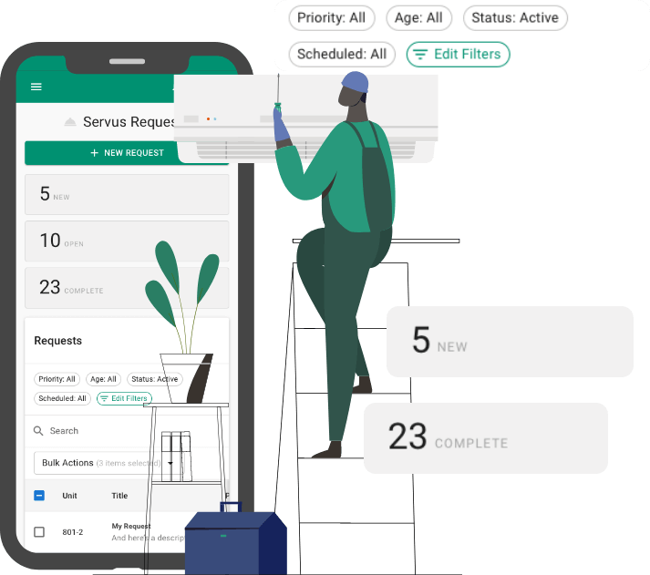 Cartoon of multifamily maintenance employee using service request app