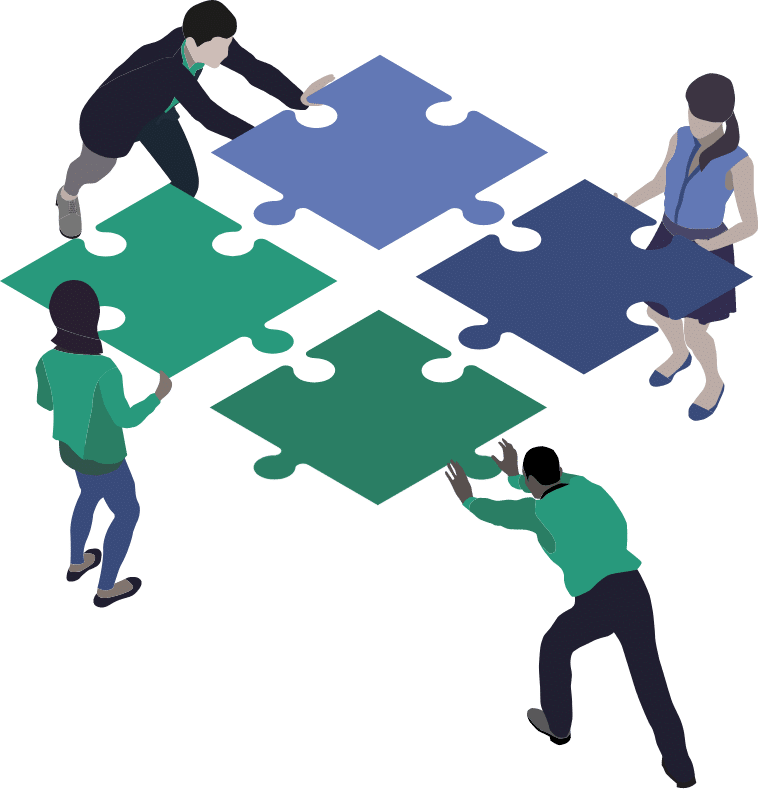 Cartoon of four people putting together four puzzle pieces, representing software integrations