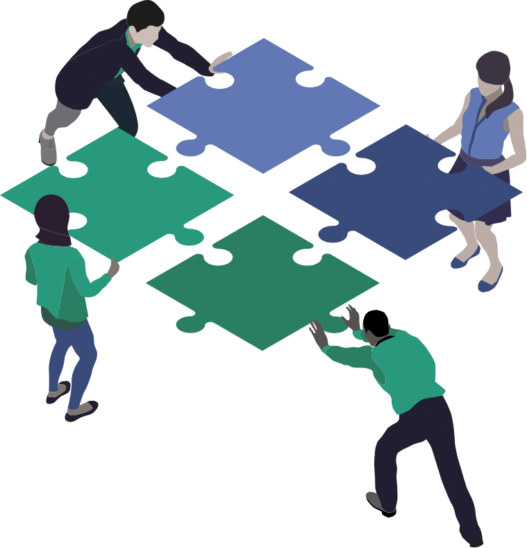 Cartoon of four people putting together four puzzle pieces, representing software integrations