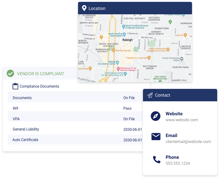 Screenshots of property management vendor list with contact info and compliance status