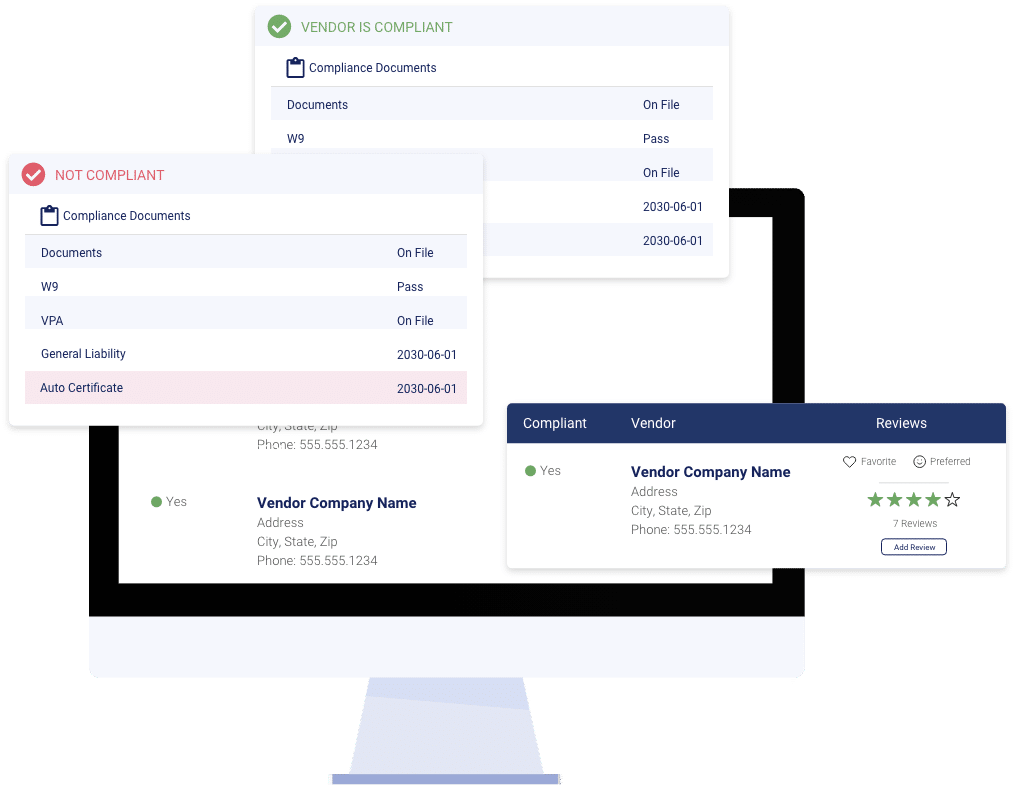 Screenshots of property management vendor list with compliance status and contact info