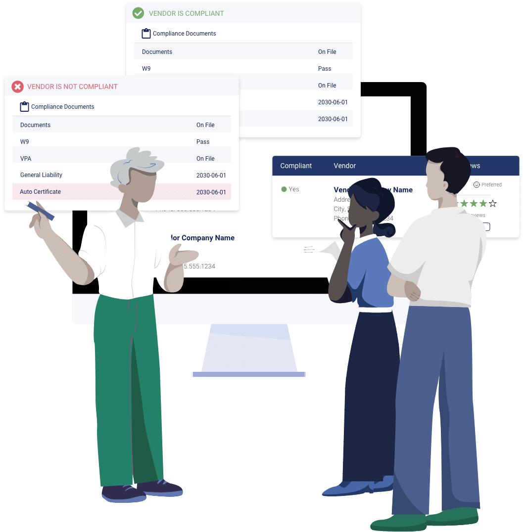 Cartoon of property managers looking at vendor compliance dashboard