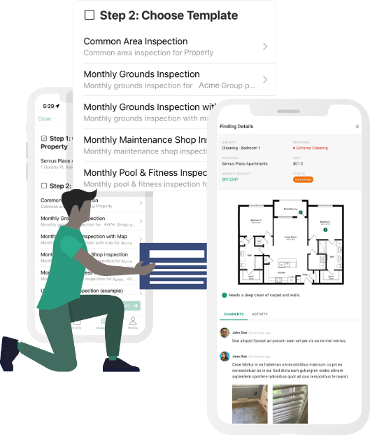 Cartoon of property manager using digital inspections tool for multifamily maintenance