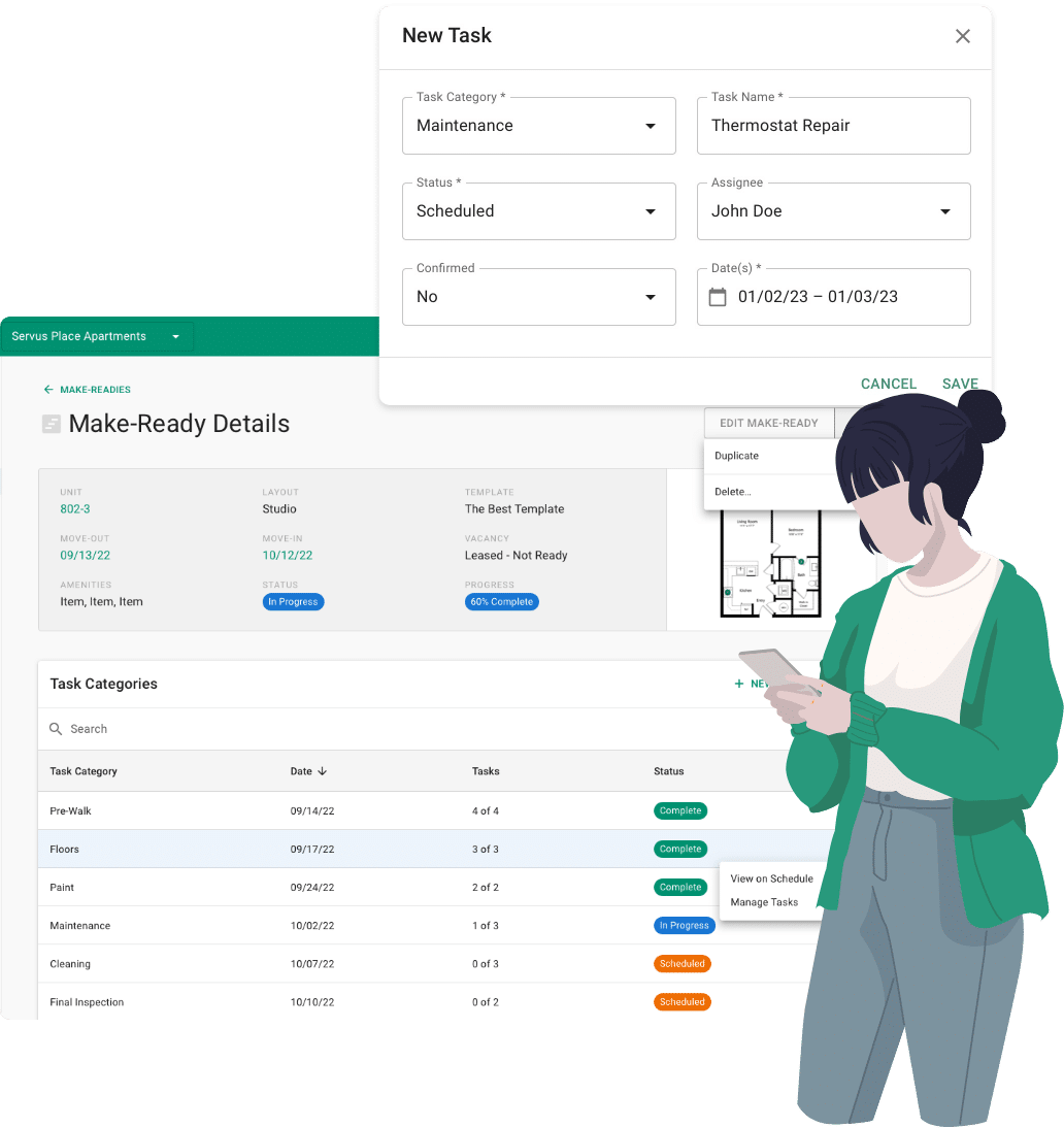 Cartoon of property manager looking at digital make ready board