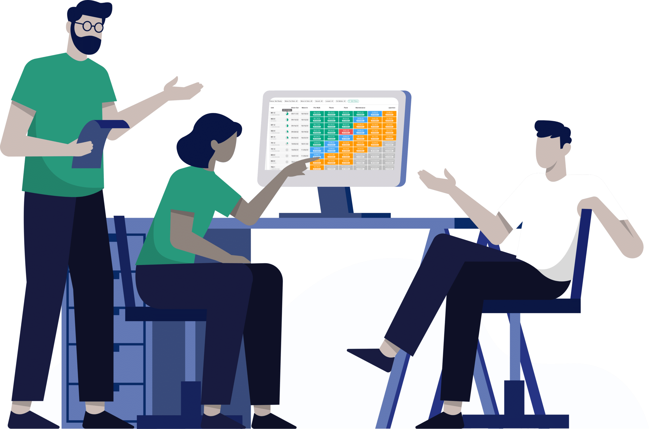 Multifamily property management team looking at maintenance data spreadsheet