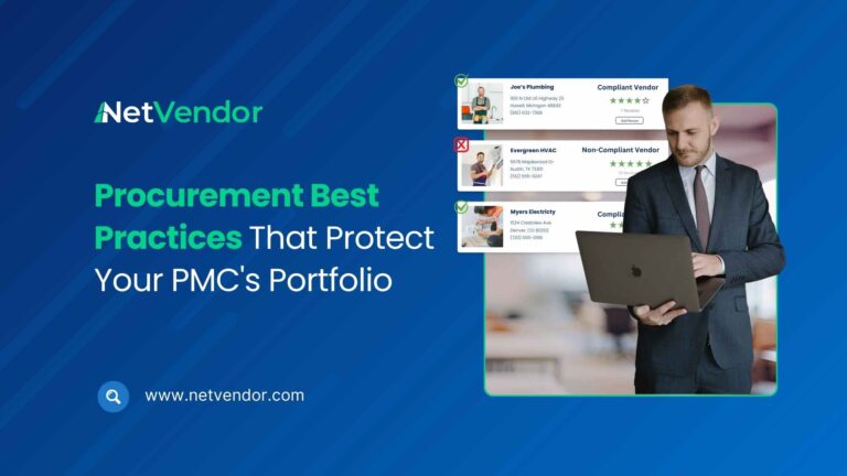 Portfolio procurement dashboard displaying vendor compliance, bid comparisons, and procurement best practices for property management companies